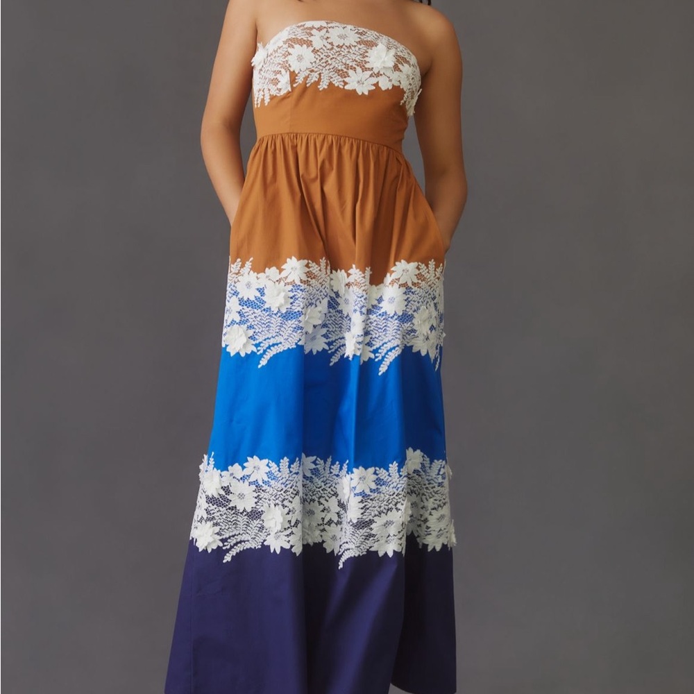 Anthropologie Vineet Bahl Strapless Lace Maxi Dress - Brown, Blue, and White